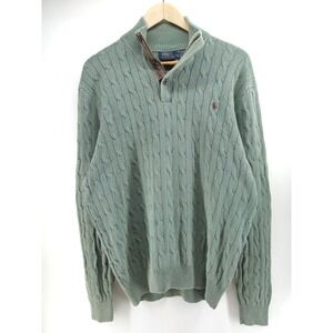 Vintage Ralph Lauren Polo Cable Knit Tussah Silk Sweater 1/4 Zip Green XL